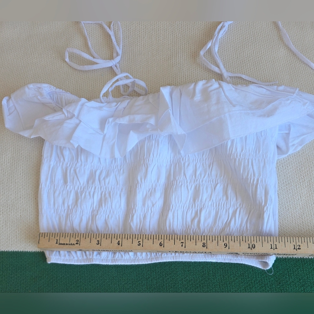 Zara White Ruffled Smocked Crop Top w Off-Shoulder Tie Straps NEW S Med - Picture 8 of 9